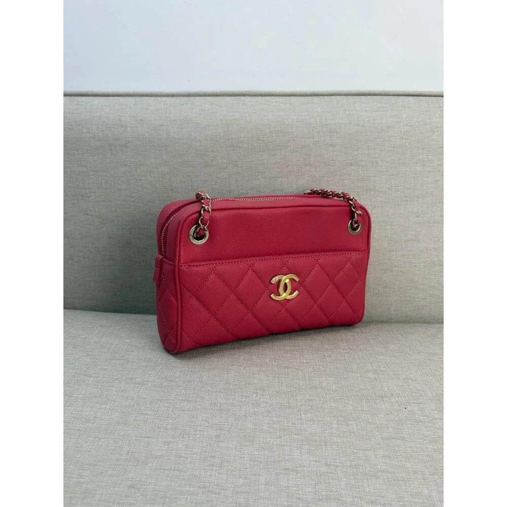 CHANEL Pink Red Caviar Camera Case Bag GHW
